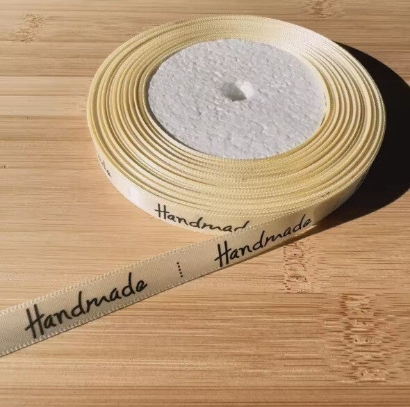 20 Meter Roll " Handmade" Print Satin Ribbon Full Whole Roll Sew On Label - Cream