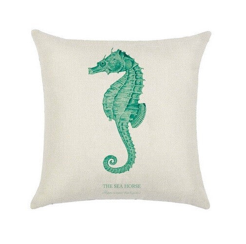 CUSHION COVER DECORATIVE NAUTICAL BEACH CHIC SEAHORSE CORAL DESIGNS 45 x 45 CM - Green Seahorse