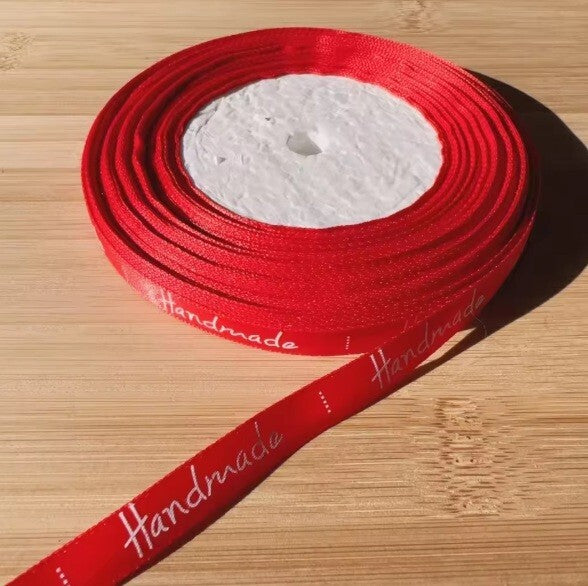 20 Meter Roll " Handmade" Print Satin Ribbon Full Whole Roll Sew On Label - Red