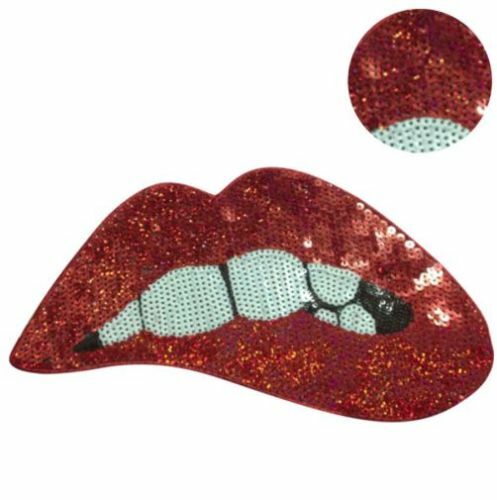Large Rose Red Pink Fuchsia Green Lips Mouth Pop Art Lip Sequin Sew on Patch - Red Sew On