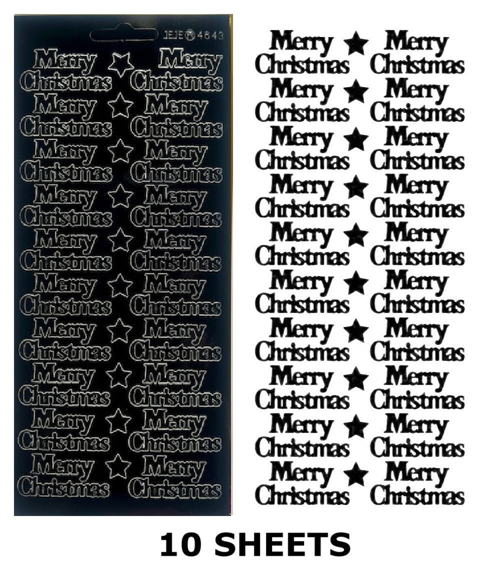 10 Sheets - Black Gloss Merry Christmas Peel Off Sticker Card Craft Stickers