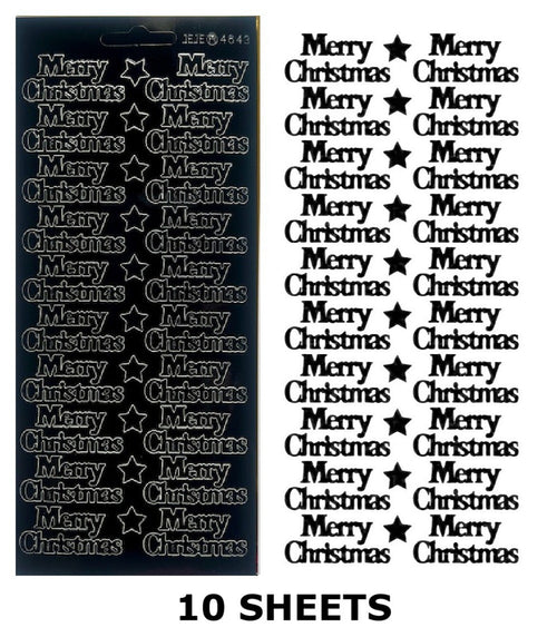 10 Sheets - Black Gloss Merry Christmas Peel Off Sticker Card Craft Stickers