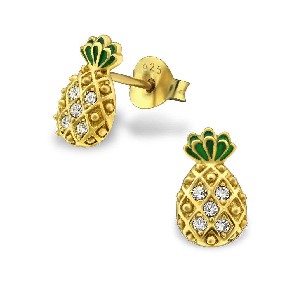 925 Sterling Silver Fruit Strawberry Banana Pineapple Stud Earrings & Gift Box - Pineapple Gold 6x9mm