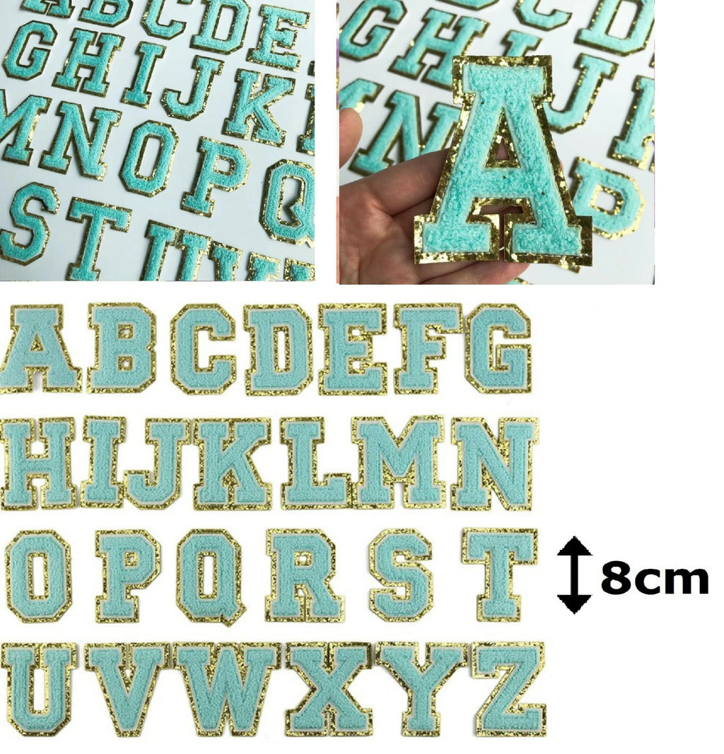 8cm Large 3D Blue & Gold Chenille Patch Letter Patches Iron Sew on Alphabet