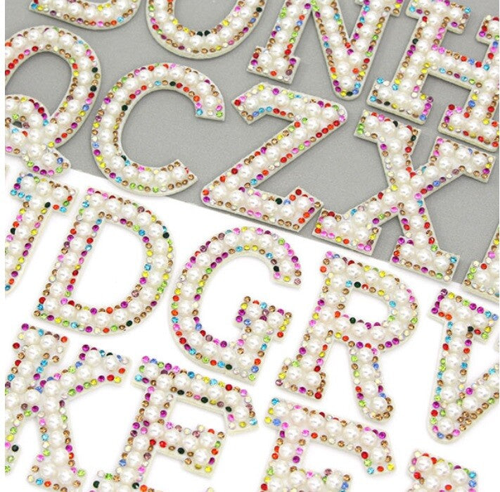 Crystal & Pearl Rhinestone Letter Patch Patches Glue on Sew on Alphabet Crystal