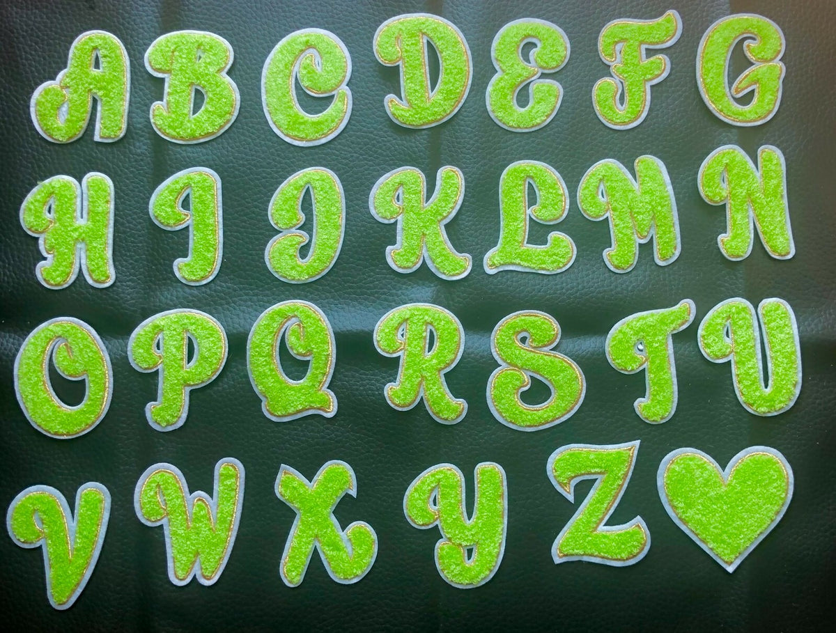 Lime Green Chenille Patch Letter Patches Iron on Sew on Alphabet Embroidered