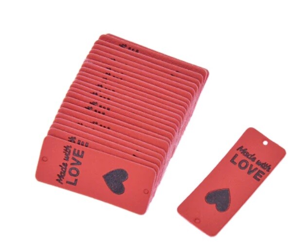 Faux Leather Labels Made with Love Sew On Garment Clothing Label Tags 5x2cm - Red Design 2