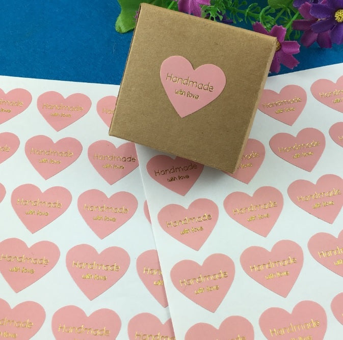 Heart Handmade with Love Gift Seal Craft Stickers Labels Pink & Gold