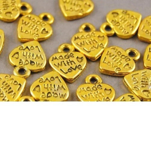 Made With Love Heart Sew Glue Craft Charm Garment Clothing Label Tags Handmade - Gold