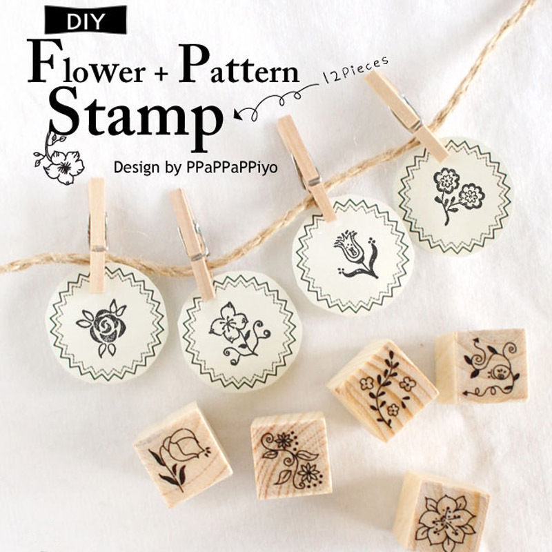 12 Piece Rubber & Wood Stamp Set Craft Stamps Cat Dog Flower DIY Card Scrap Book