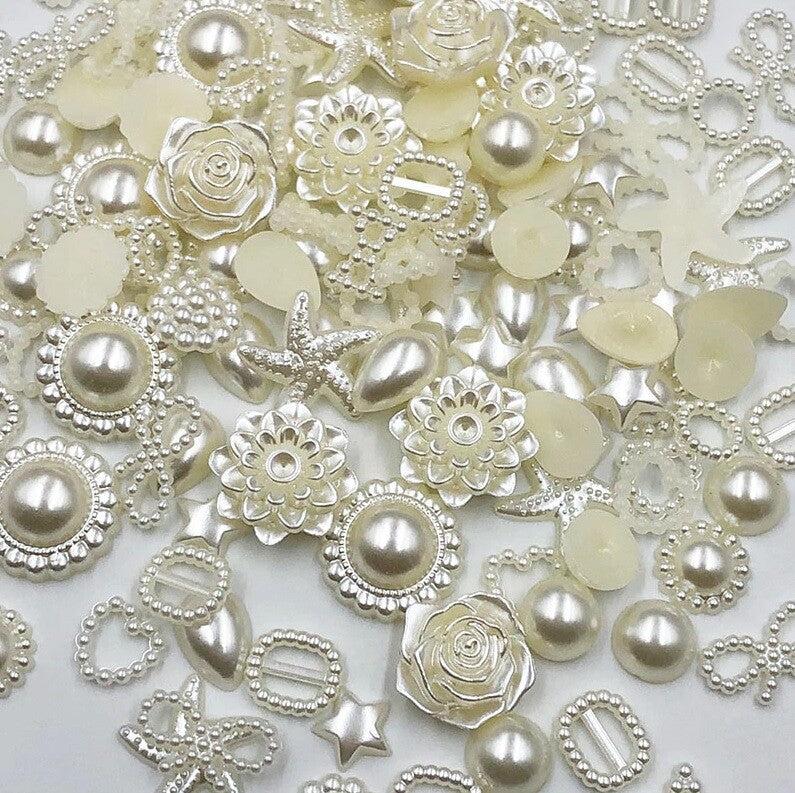 100 x Flatback Mixed Pearl Resin Embellishments Craft Scrapbook Decoupage - Cream