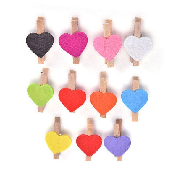 Mini Wooden Pegs with Colour Hearts Craft Wedding Photo Clips Wood 3x1.7cm