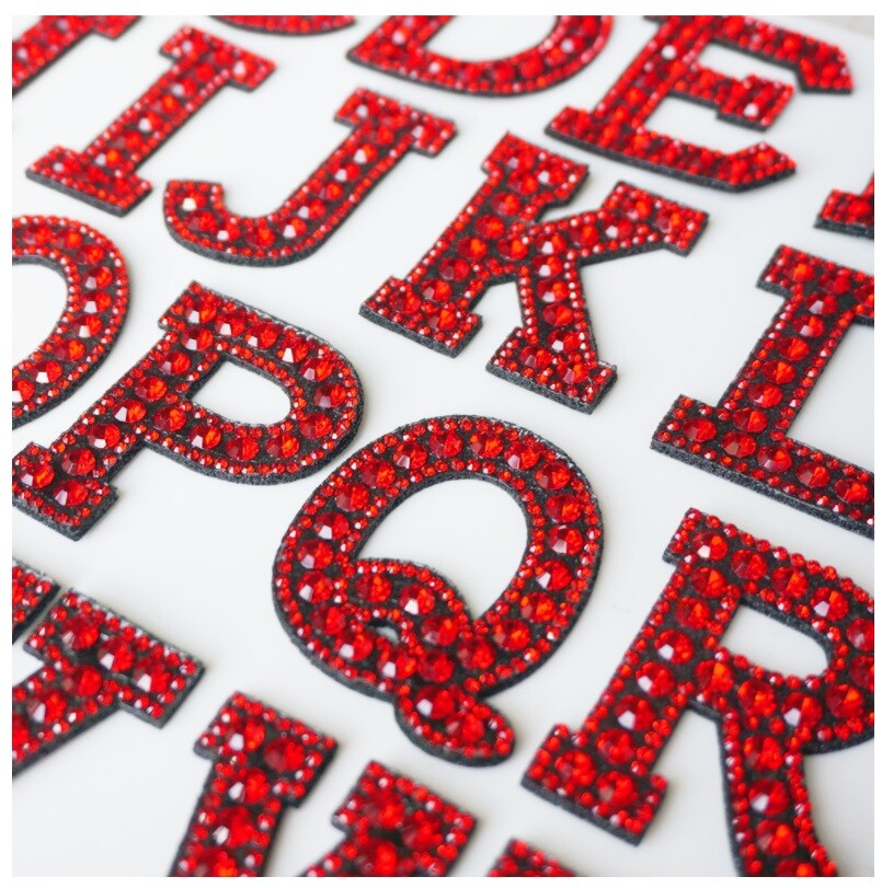 Red Rhinestone Letter Patch Patches Iron or Sew on Alphabet Crystal Customise