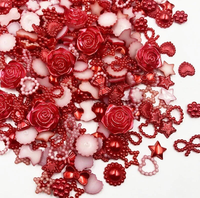 100 x Flatback Mixed Pearl Resin Embellishments Craft Scrapbook Decoupage - Red