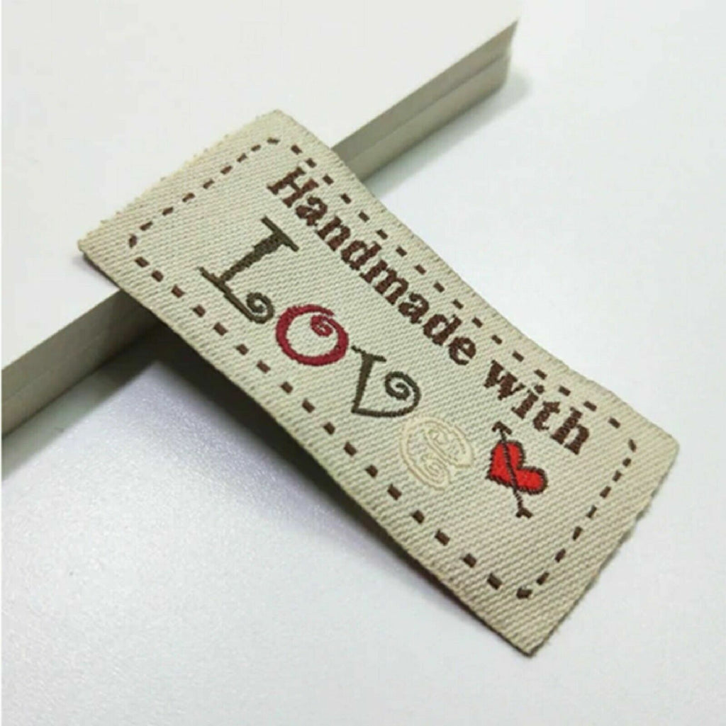 Fabric Labels 'Hand Made With Love' Sew On Garment Clothing Label Tags 50x25mm - Beige
