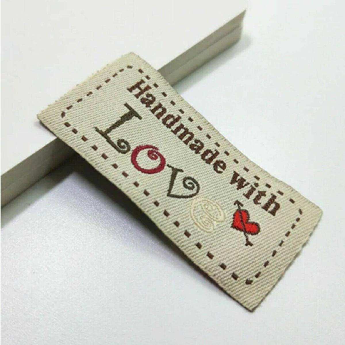 Fabric Labels 'Hand Made With Love' Sew On Garment Clothing Label Tags 50x25mm - Beige