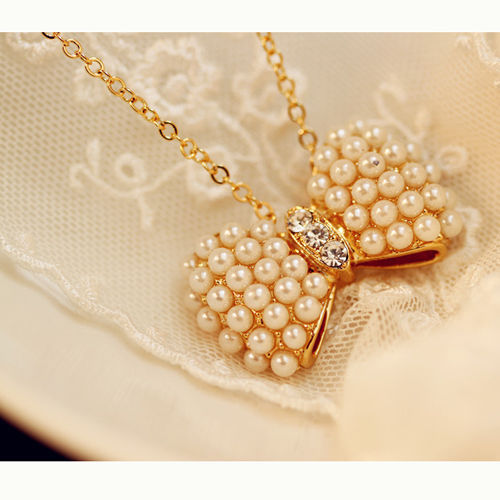 Cute Pearl Bow Crystal Vintage Long Pendant Chain Necklace Fashion Kawaii