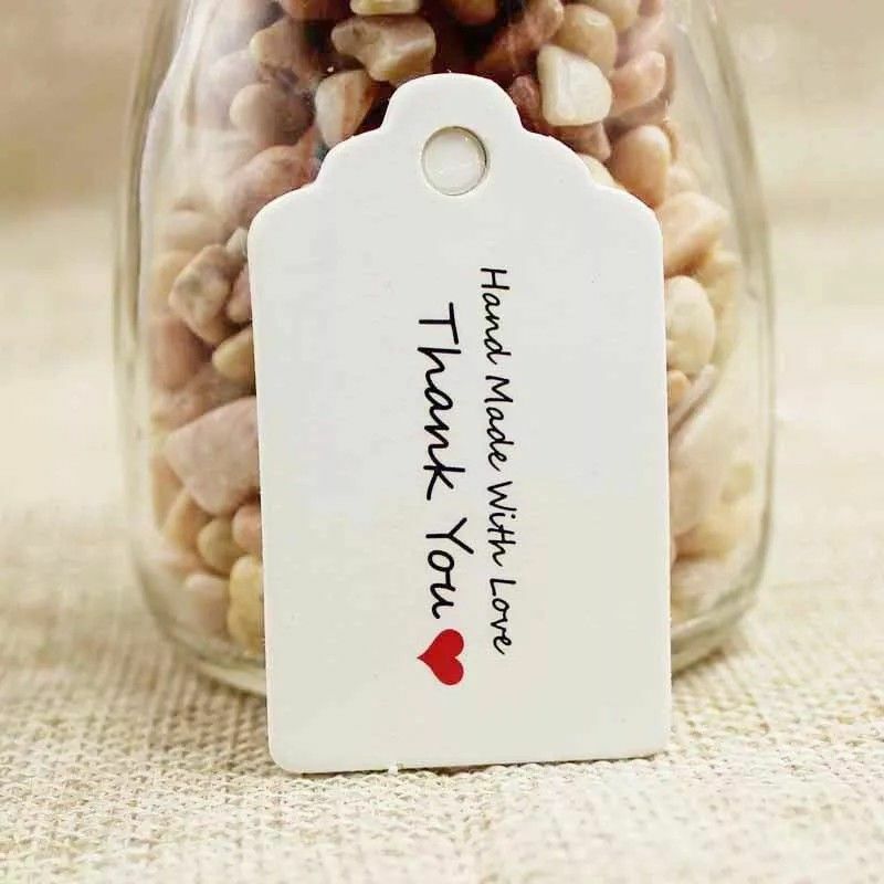 100 x Hand Made With Love Thank You Tag Labels Stickers Craft Tags With String