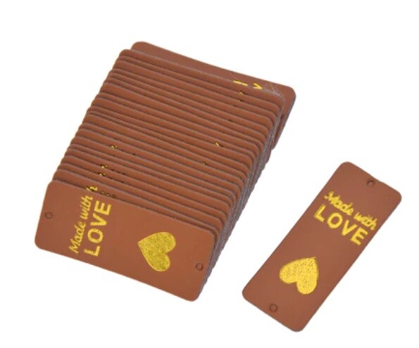 Faux Leather Labels Made with Love Sew On Garment Clothing Label Tags 5x2cm - Brown Design 2