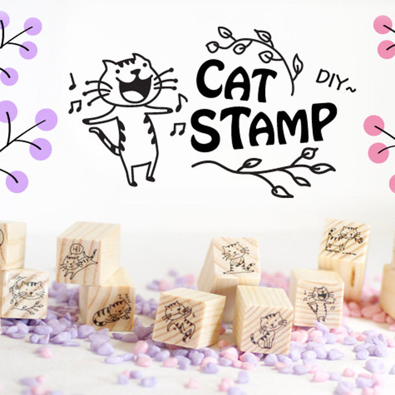 12 Piece Rubber & Wood Stamp Set Craft Stamps Cat Dog Flower DIY Card Scrap Book - Cat
