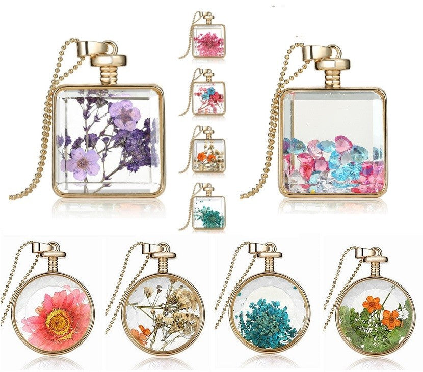 Dried Flower Round or Square Locket Pendant Gold Plated Glass Charm Necklace