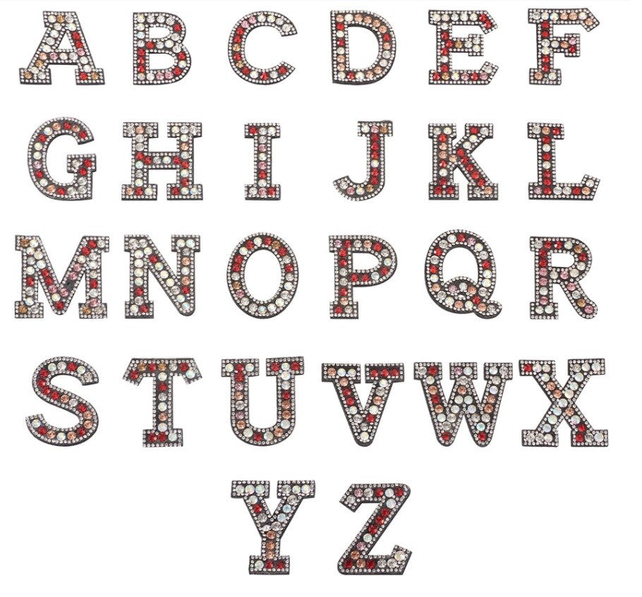 Red Pink Multi Rhinestone Letter Patch Patches Iron on Sew on Alphabet Crystal