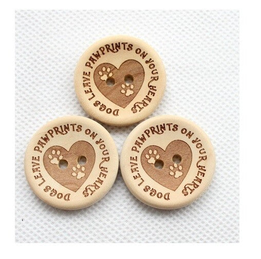 Natural Wooden Dogs Paw Prints Hearts Buttons 2 Hole 20mm & 30mm Sewing Craft - 30mm Large