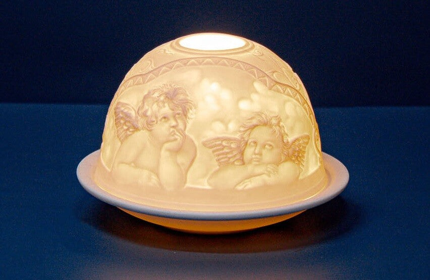Lithophane Porcelain Ceramic Dome Candle Tealight Holder Christmas Votive Gift - Cherubs - (8x12cm)