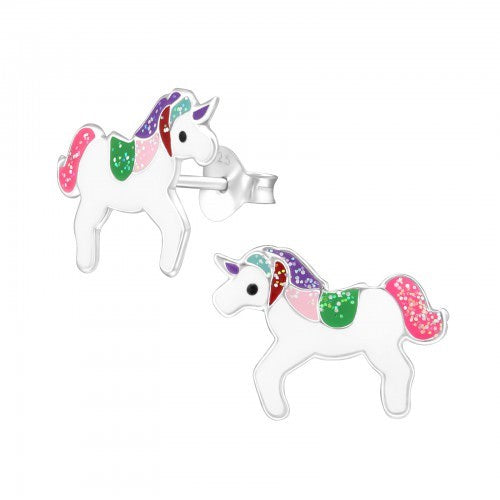 925 Sterling Silver Multi Glitter Unicorn Stud Earrings 15x11mm & Gift Box #10