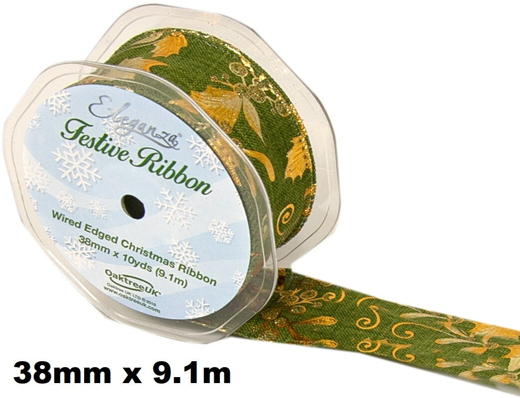 Eleganza Festive Christmas Ribbon Roll Craft Wreath Bows Gifts Tree Decoration - Gilded Holly Wired Edge Green/Gold