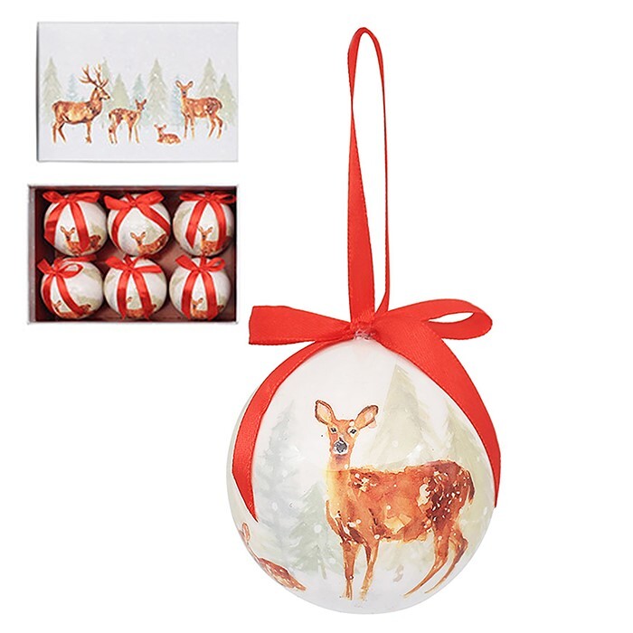 6 Pack of Christmas Tree Baubles - William Morris Deer Robin Reindeer - Forest Family Baubles Set of 6