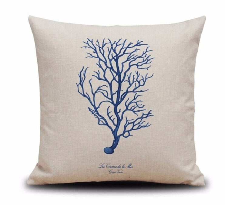 CUSHION COVER DECORATIVE NAUTICAL BEACH CHIC SEAHORSE CORAL DESIGNS 45 x 45 CM - Blue Coral
