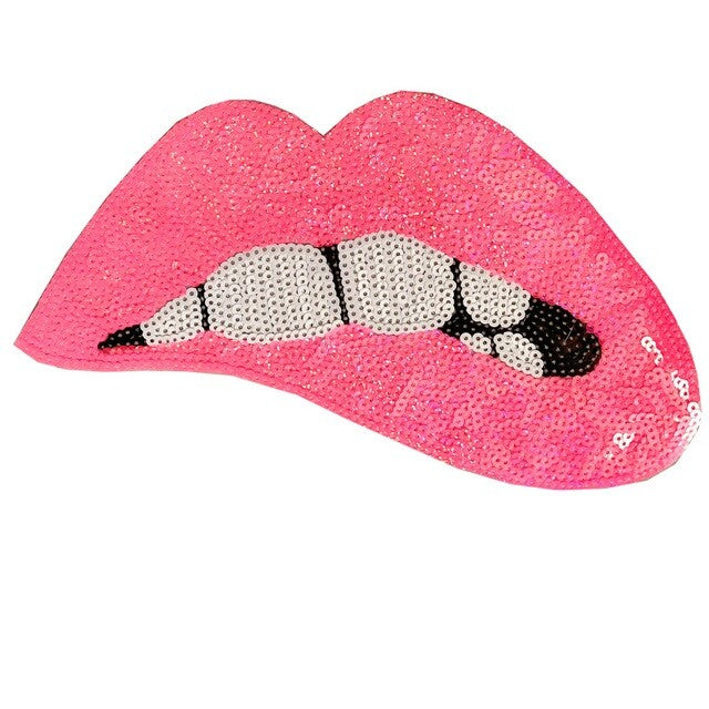 Large Rose Gold Silver Pink Lips Mouth Pop Art Lip Sequin Iron on Sew on Patch - Ab Coral - Iron On