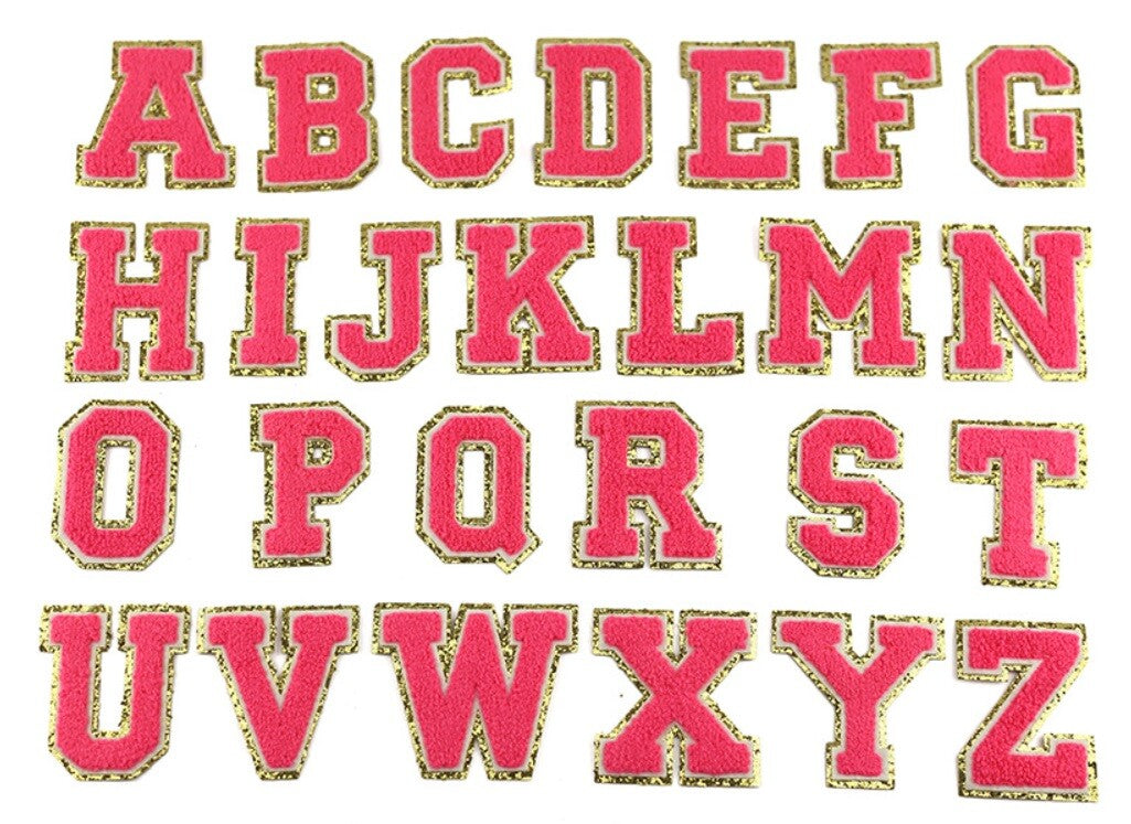 3D Coloured & Gold Chenille Patch Letter Patches Iron on Alphabet 5.5cm / 55mm - Pink