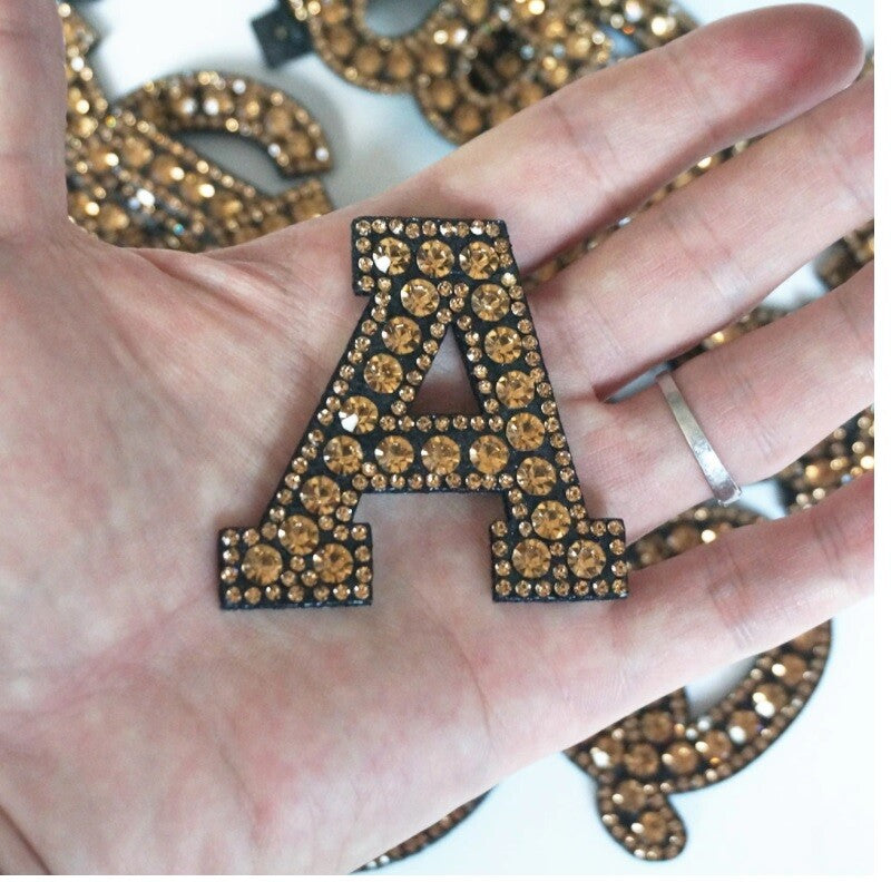 Champagne Gold Rhinestone Letter Patch Patches Glue Iron Sew on Alphabet Crystal