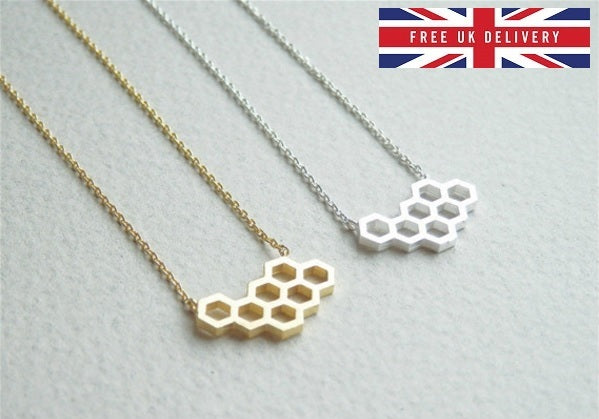 Geometric Honeycomb Beehive Delicate Necklace Rose Gold Silver Pendant Unique