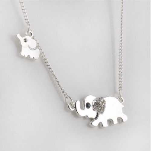 Rhinestone Gold & Silver Elephant Pendant Necklace Crystal Jewellery Kawaii - Silver