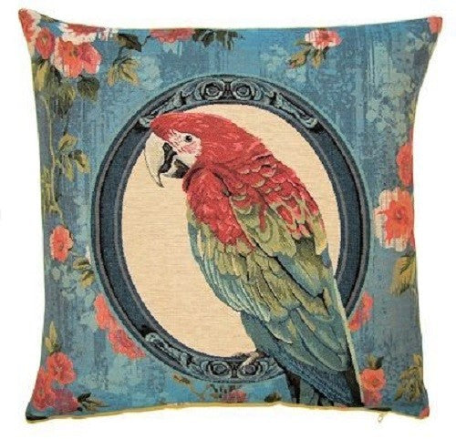 PARROT PARROTS TROPICAL BIRDS PREMIUM BELGIAN TAPESTRY CUSHION COVERS 18" x 18" - Red and Green Parrot