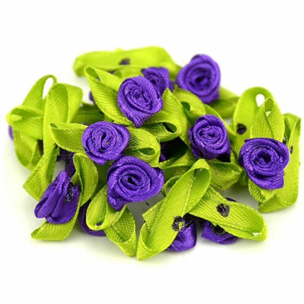 Mini Satin Ribbon Rose Buds Flowers Green Leaf Leaves Craft Wedding Confetti - Purple