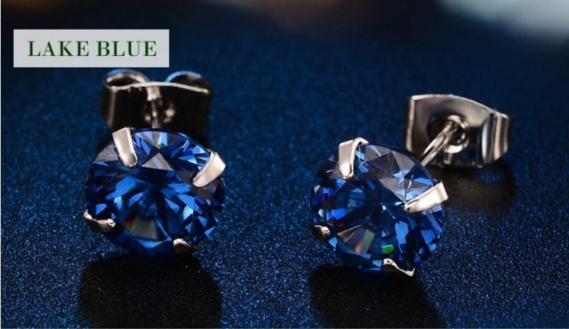 CZ Cubic Zirconia Crystal Cute 8mm Stud Earrings Prom Party 7 Colours & Gift Bag - Blue
