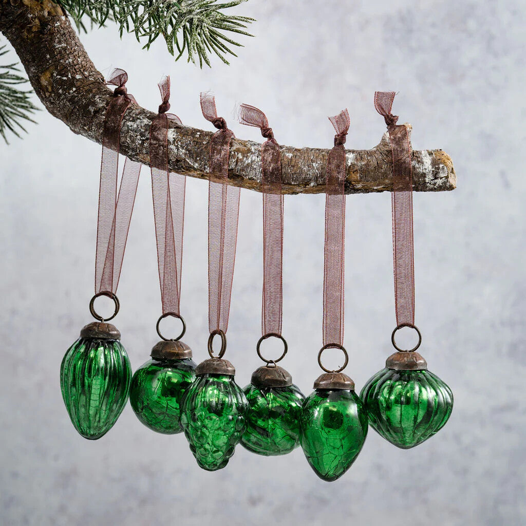 6 Pack Small Glass Handcrafted Baubles Premium Traditional Christmas Tree Craft - Set of 6 Small Mixed design Emerald Crackle Bauble