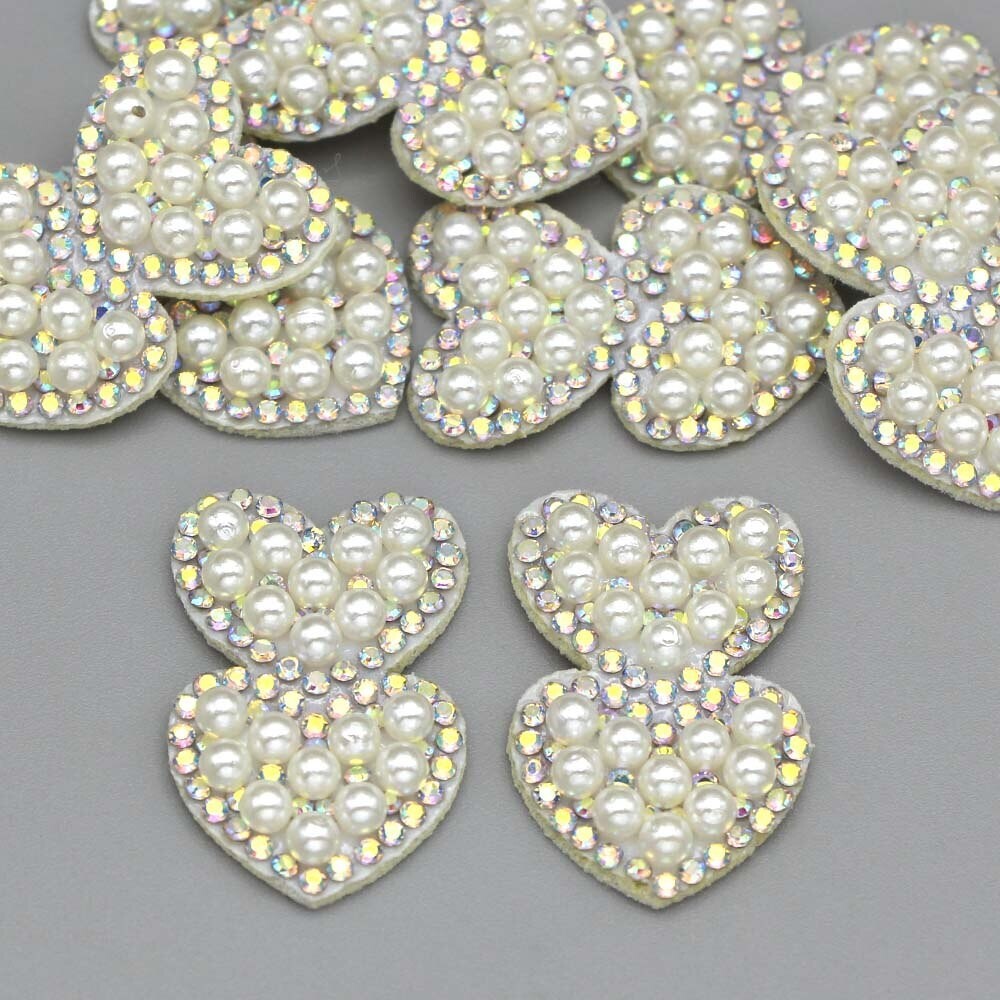 Rhinestone Pearl Double Heart Patch Alphabet Letter Customise Clothes 21x34mm