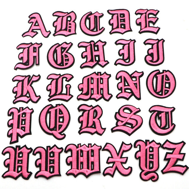 Pink Black Old English Medieval Letter Patch Patches Iron on Alphabet Embroidery
