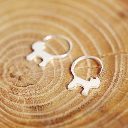 Silver Minimalist Cat Tail Earrings Pair Half Hoop Design