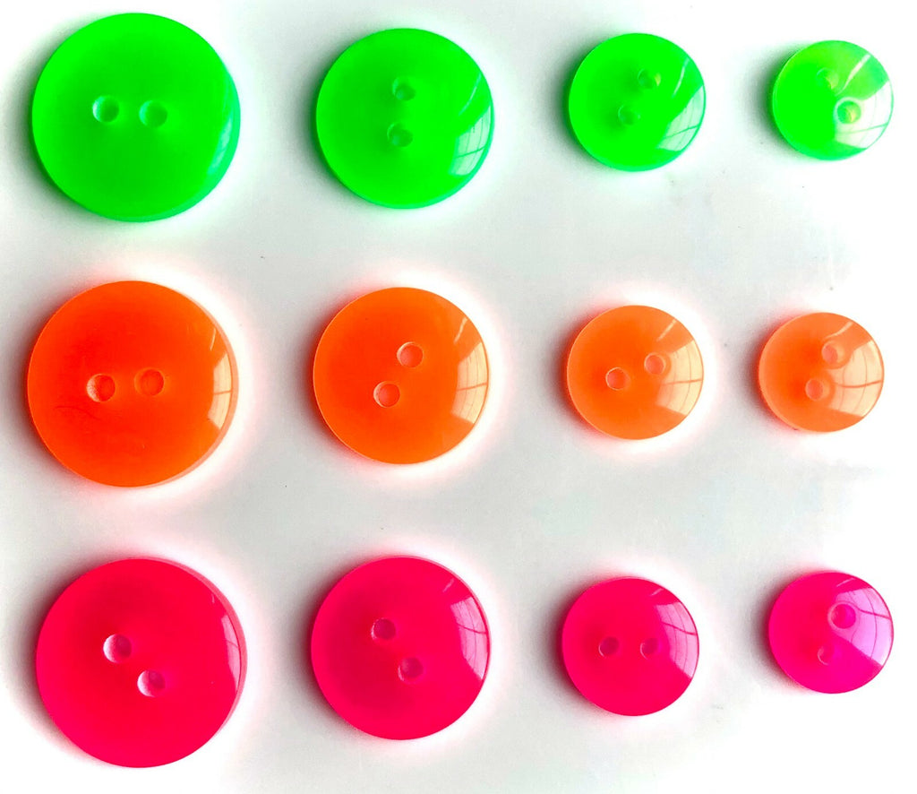 Bright Neon Round Buttons - 3 Colours - 4 Sizes 10mm, 12mm, 15mm, 18mm - 2 Hole