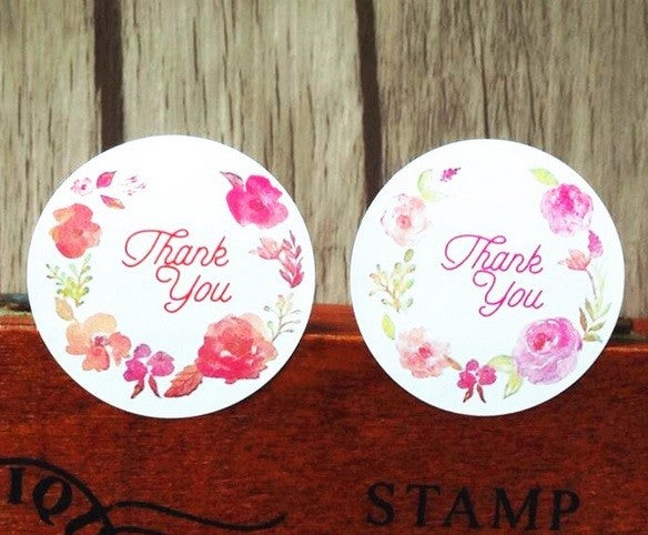 Floral Round Paper Labels 'Thank you' Flower Gift Food Craft Stickers Seal
