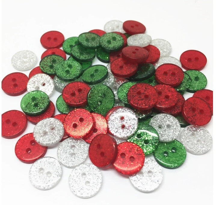 13mm, 15mm or 19mm Glitter Sparkly Buttons - Round - 2 Hole - Sewing - Craft - Christmas Mix
