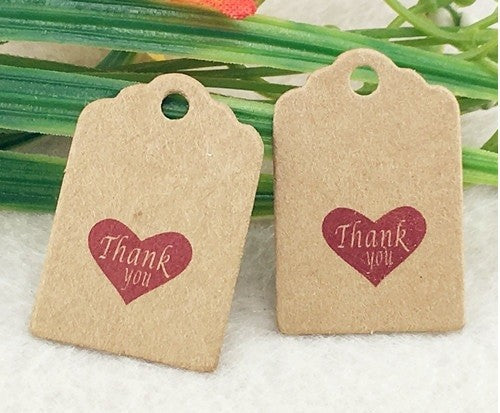 Craft Paper Tags 'Thank You' Love Heart Gift Food Wedding Price Gift Tag 3x2cm - Red Heart On Brown Tag