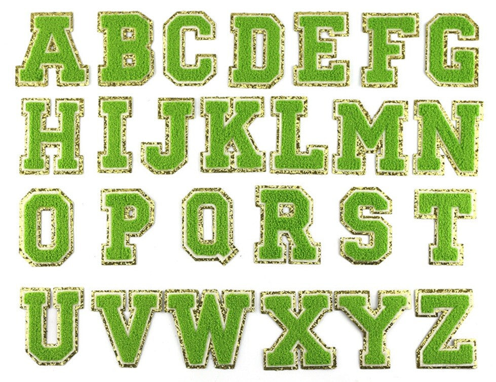 3D Coloured & Gold Chenille Patch Letter Patches Iron on Alphabet 6.5cm / 65mm - Green