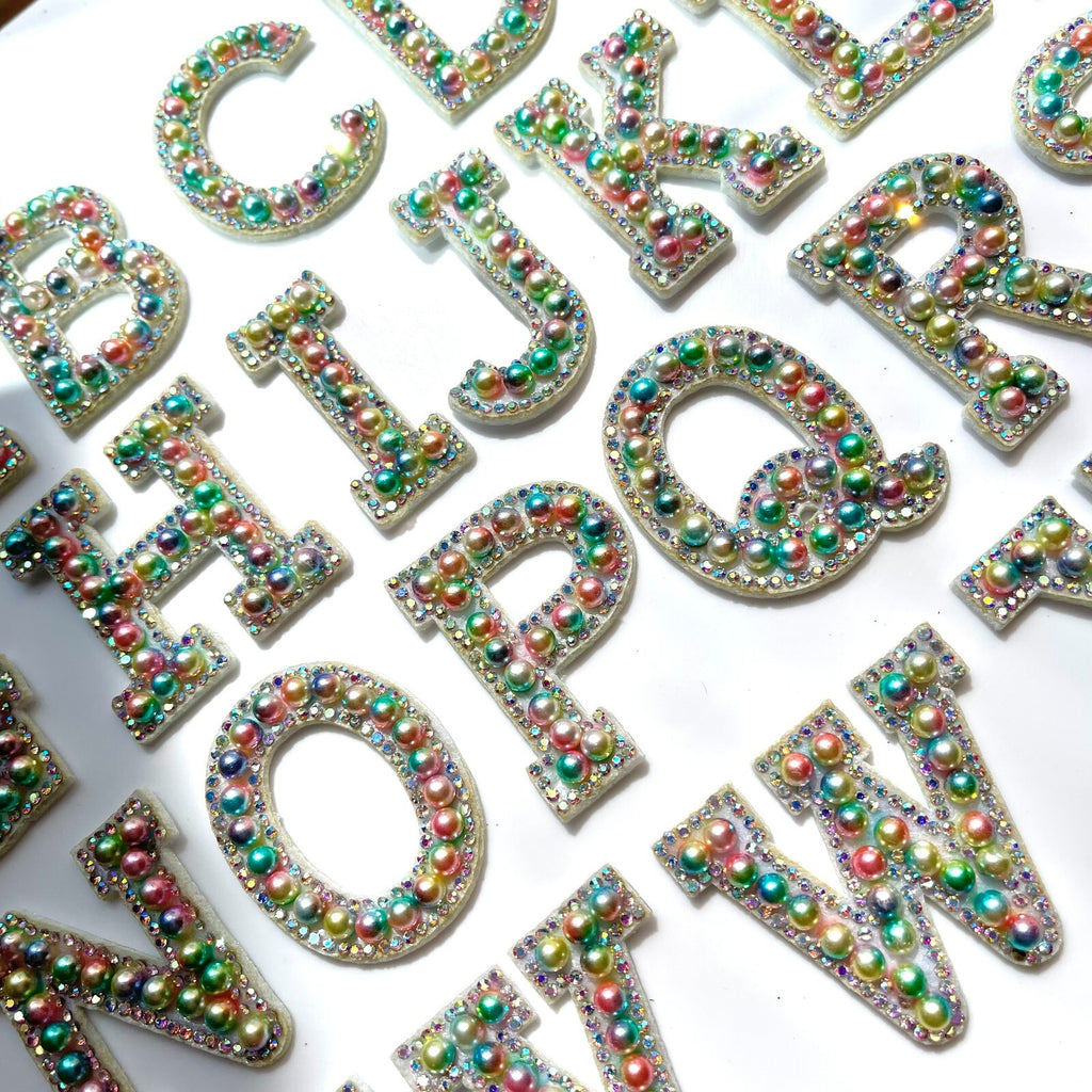 Colourful Pearl Rhinestone Letter Patch Patches Iron on Alphabet Crystal